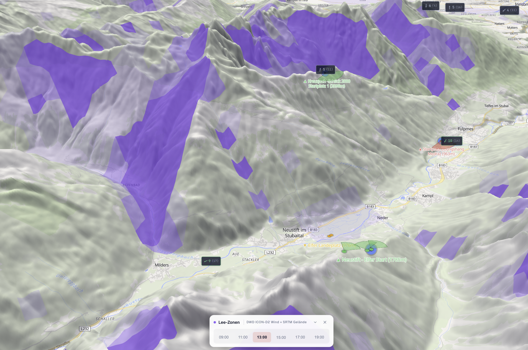 Lee-Zonen in Sichtflug: violette Flächen zeigen Windabschattung hinter Gebirgsgraten im Stubaital