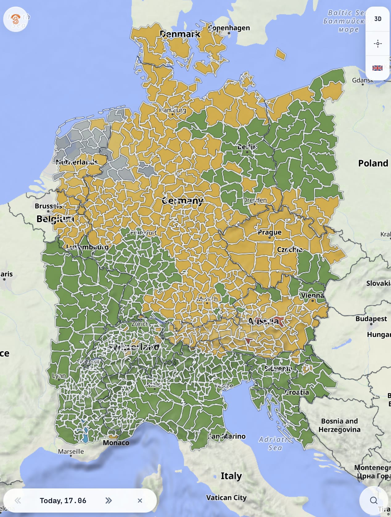 Übersichtszoom mit eingeschalteter Thermikkarte, Regionen über den Alpen sichtbar