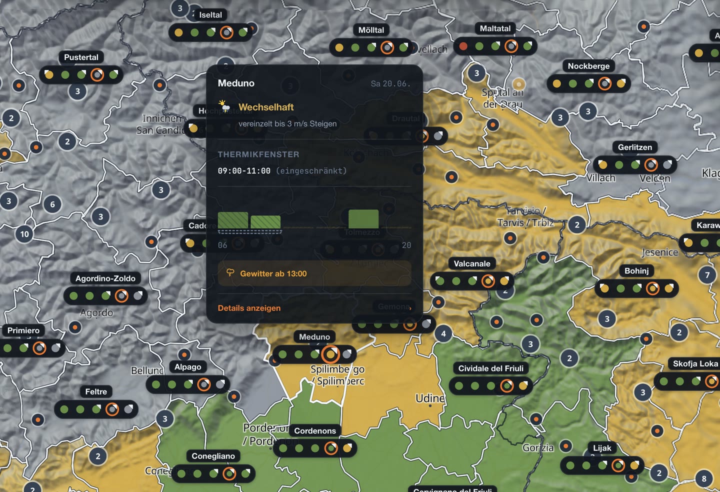 Hover-Zustand im Produkt: Tooltip mit Fliegbarkeit, Zeitfenster, und Wettereinschränkungen der Region